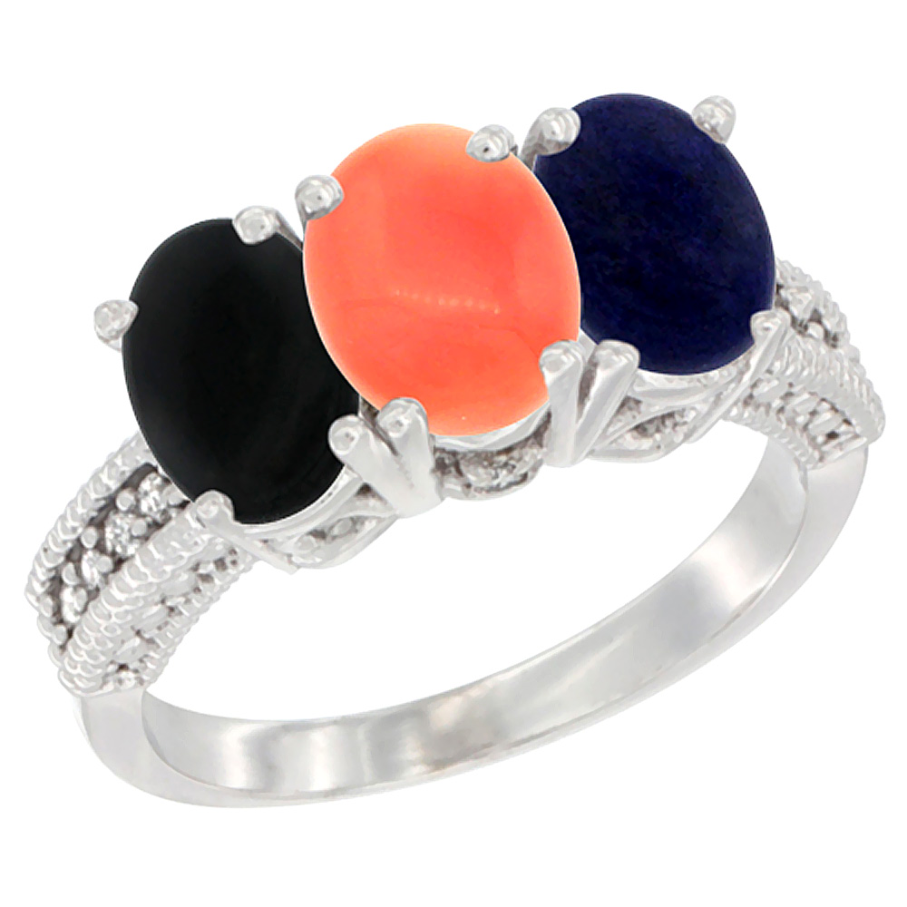 10K White Gold Diamond Natural Black Onyx, Coral & Lapis Ring 3-Stone 7x5 mm Oval, sizes 5 - 10