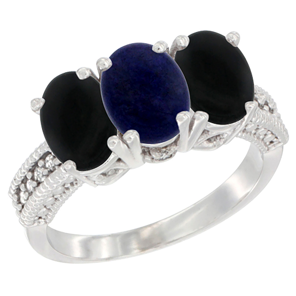 14K White Gold Natural Lapis & Black Onyx Sides Ring 3-Stone 7x5 mm Oval Diamond Accent, sizes 5 - 10