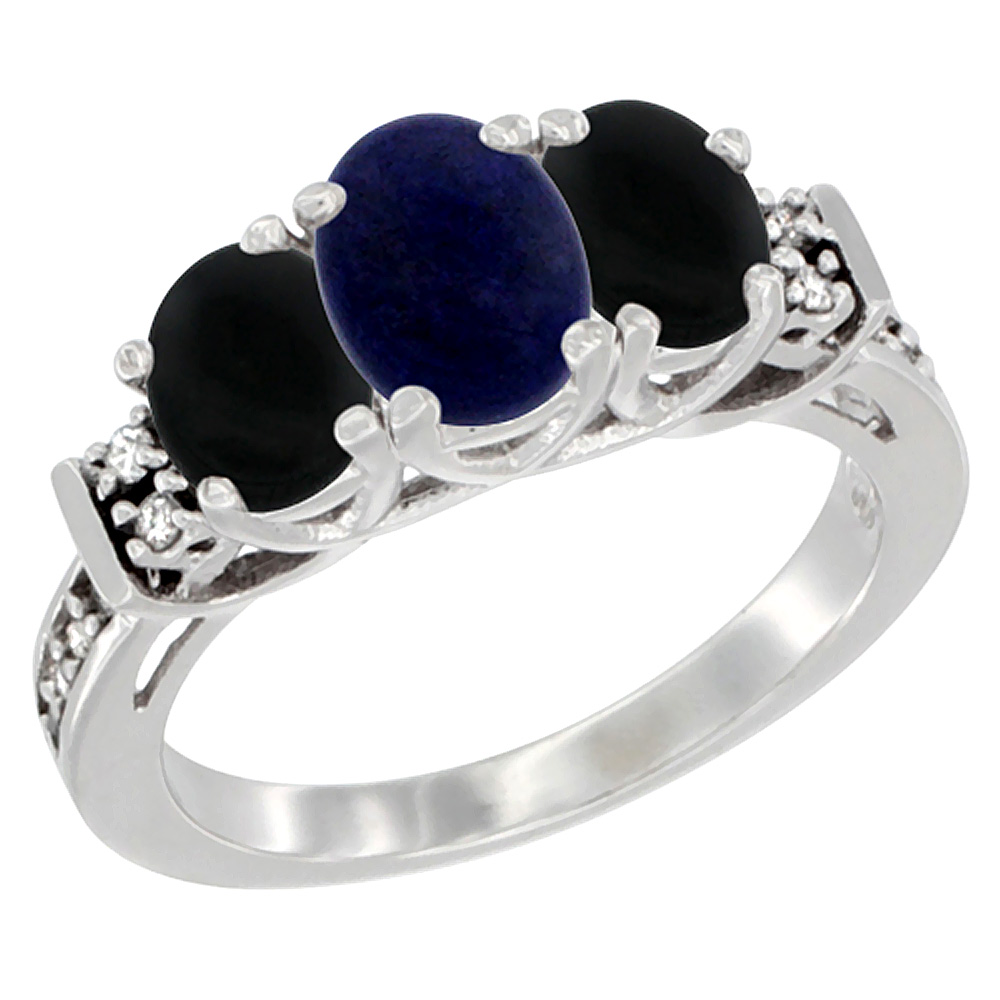 14K White Gold Natural Lapis & Black Onyx Ring 3-Stone Oval Diamond Accent, sizes 5-10