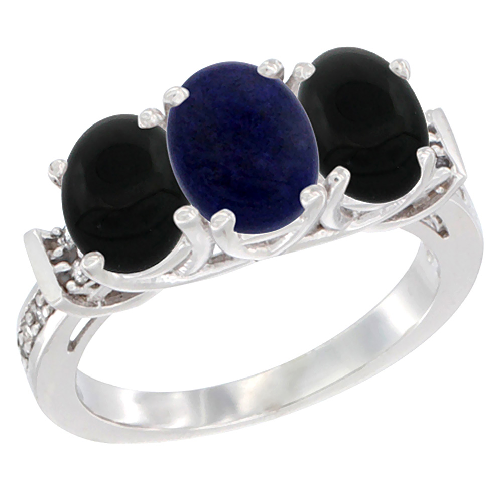 10K White Gold Natural Lapis & Black Onyx Sides Ring 3-Stone Oval Diamond Accent, sizes 5 - 10