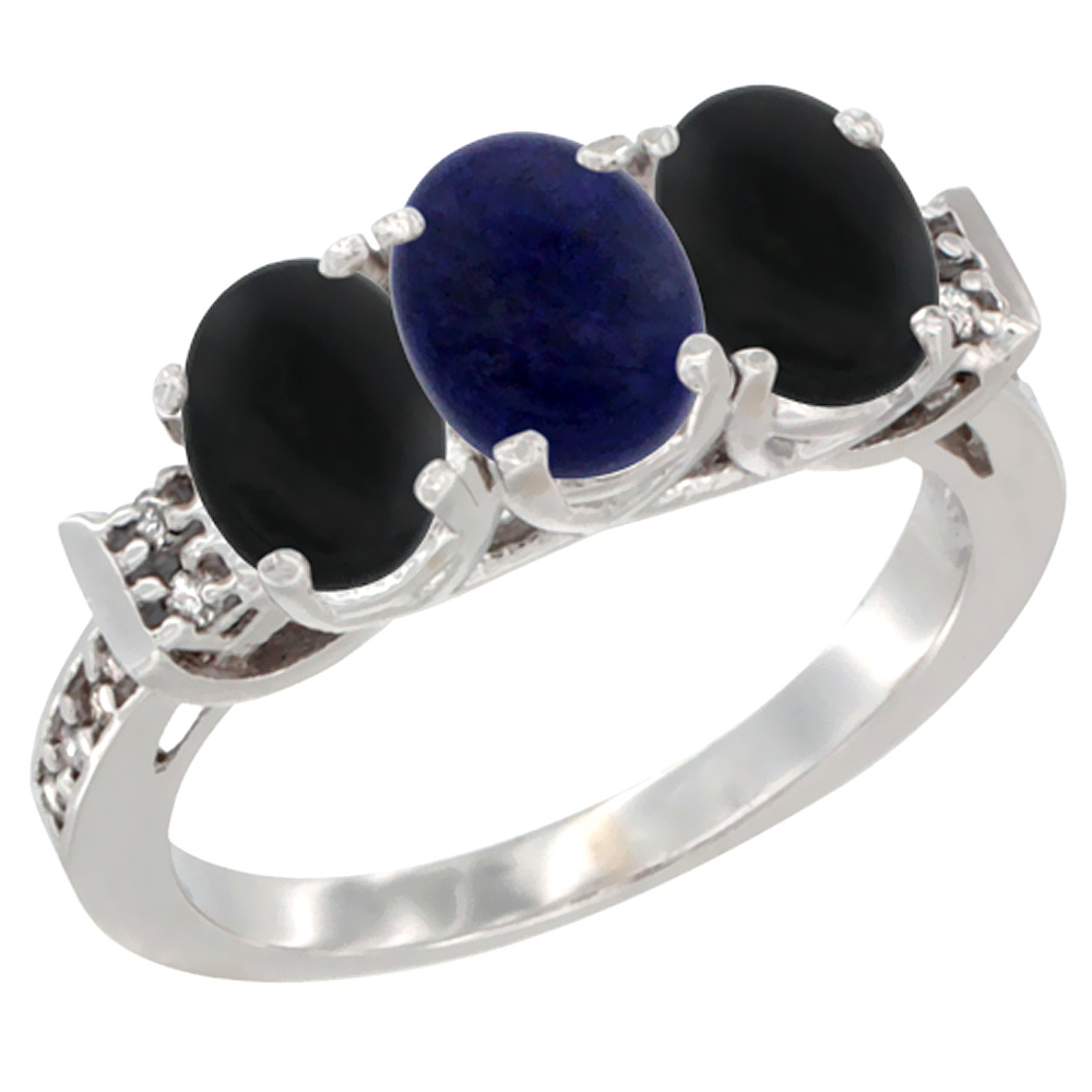 10K White Gold Natural Lapis & Black Onyx Sides Ring 3-Stone Oval 7x5 mm Diamond Accent, sizes 5 - 10