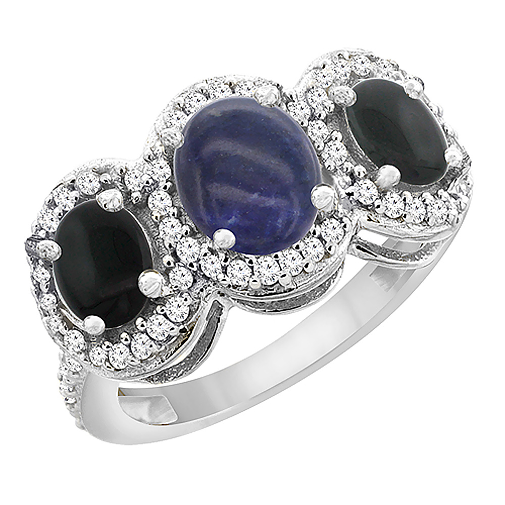 10K White Gold Natural Lapis & Black Onyx 3-Stone Ring Oval Diamond Accent, sizes 5 - 10