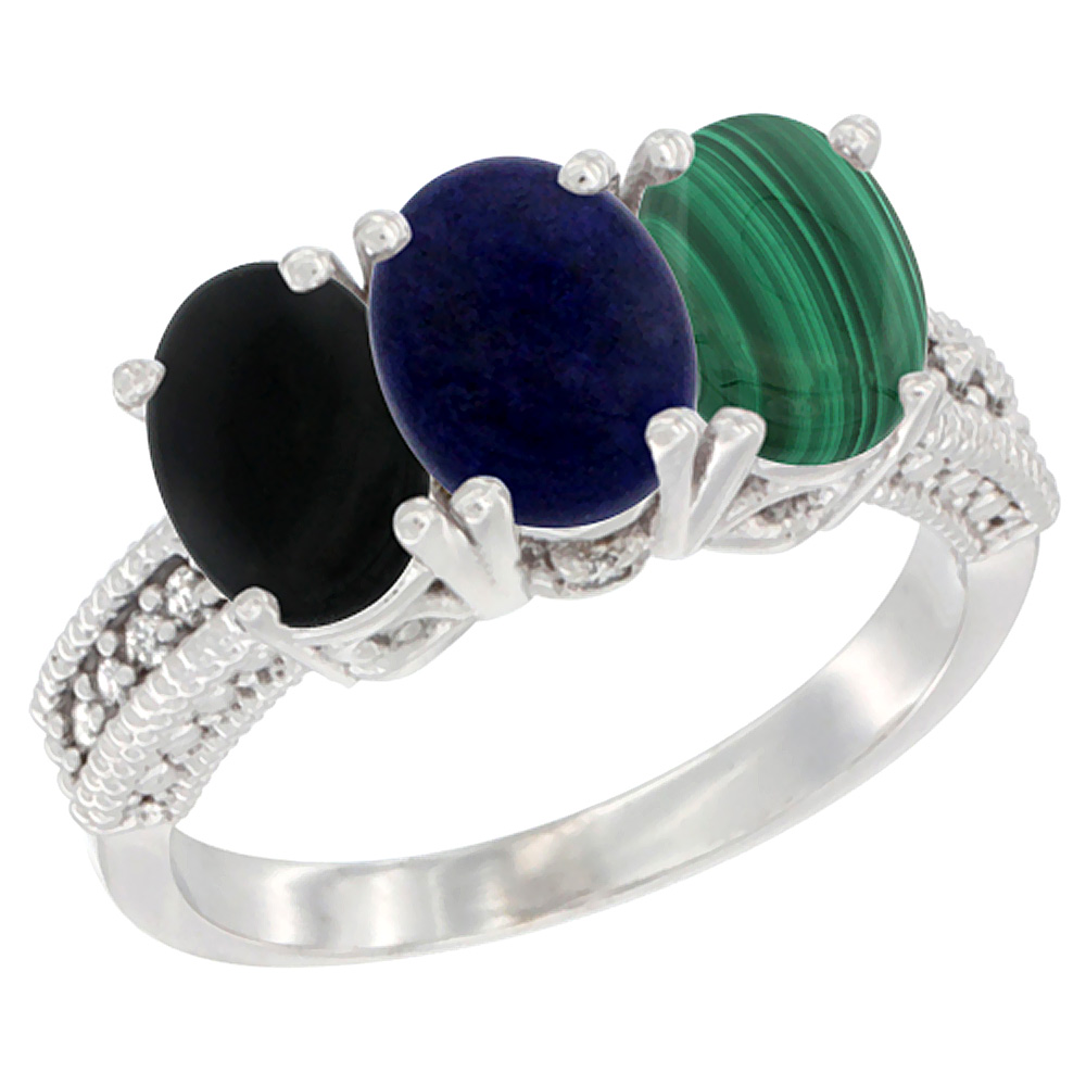 10K White Gold Diamond Natural Black Onyx, Lapis & Malachite Ring 3-Stone 7x5 mm Oval, sizes 5 - 10