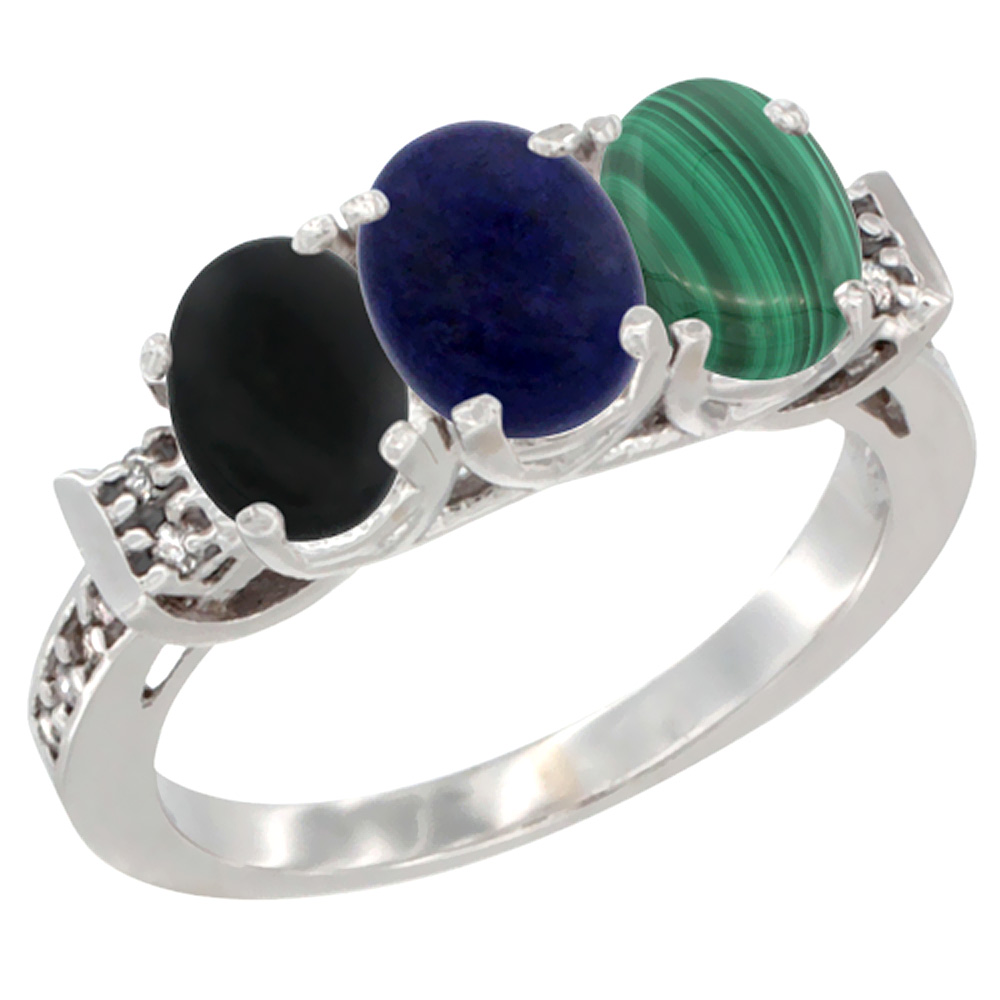 14K White Gold Natural Black Onyx, Lapis & Malachite Ring 3-Stone Oval 7x5 mm Diamond Accent, sizes 5 - 10