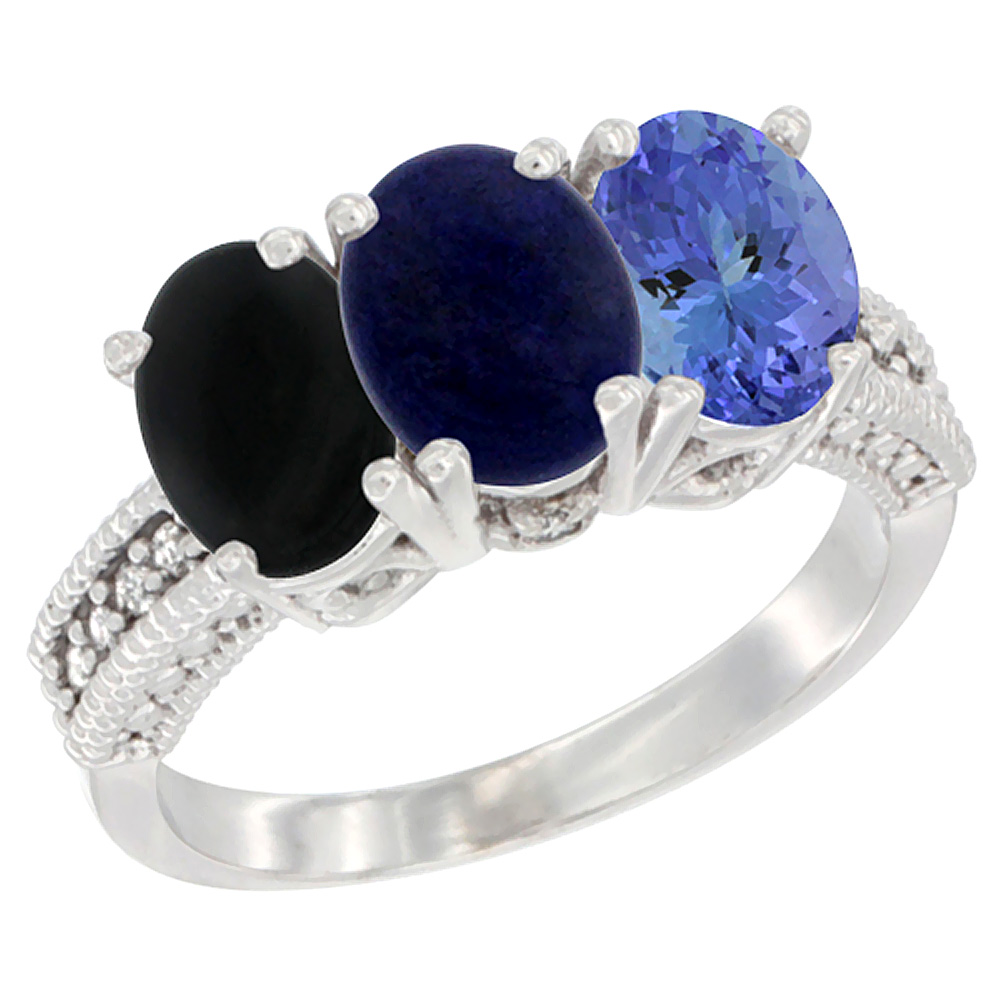 10K White Gold Diamond Natural Black Onyx, Lapis & Tanzanite Ring 3-Stone 7x5 mm Oval, sizes 5 - 10