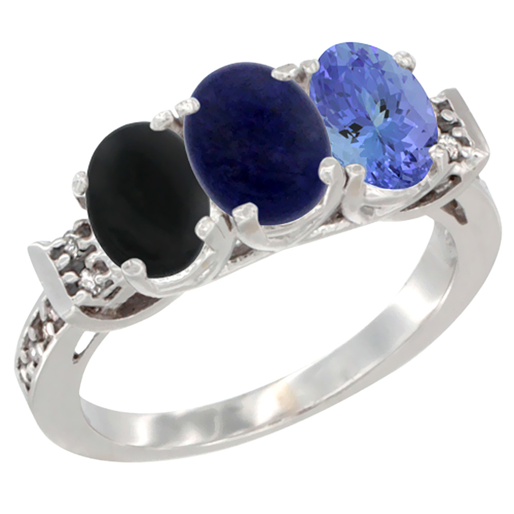 10K White Gold Natural Black Onyx, Lapis & Tanzanite Ring 3-Stone Oval 7x5 mm Diamond Accent, sizes 5 - 10