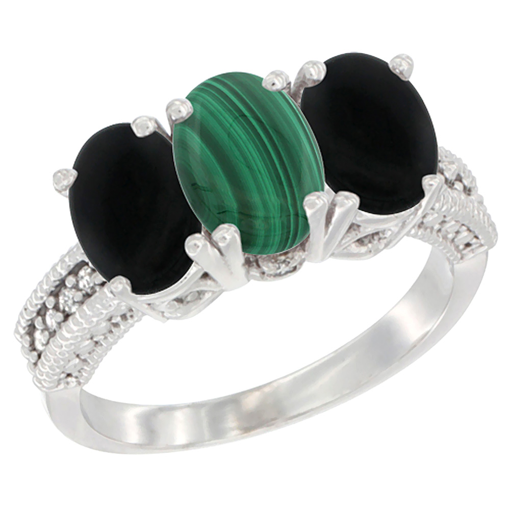 14K White Gold Natural Malachite &amp; Black Onyx Sides Ring 3-Stone 7x5 mm Oval Diamond Accent, sizes 5 - 10