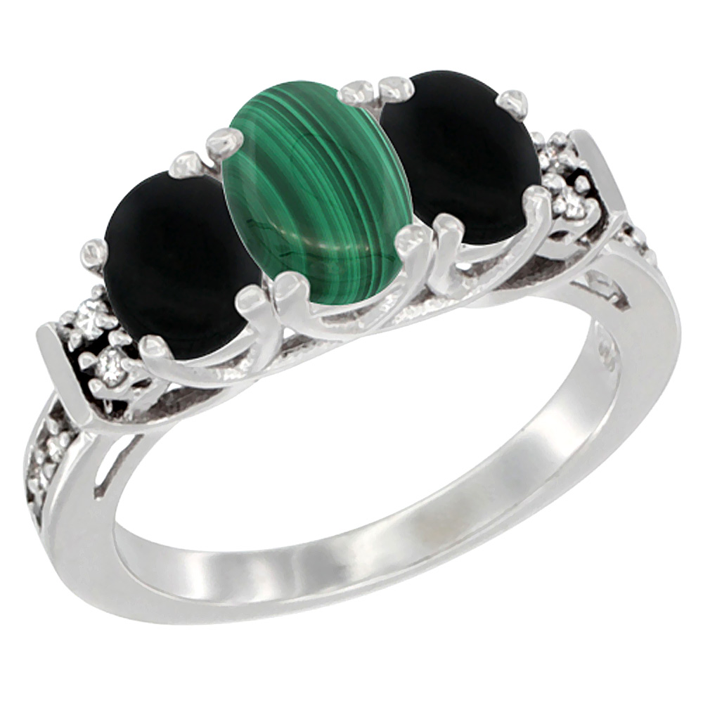 14K White Gold Natural Malachite &amp; Black Onyx Ring 3-Stone Oval Diamond Accent, sizes 5-10