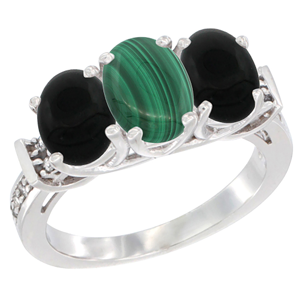 14K White Gold Natural Malachite &amp; Black Onyx Sides Ring 3-Stone Oval Diamond Accent, sizes 5 - 10