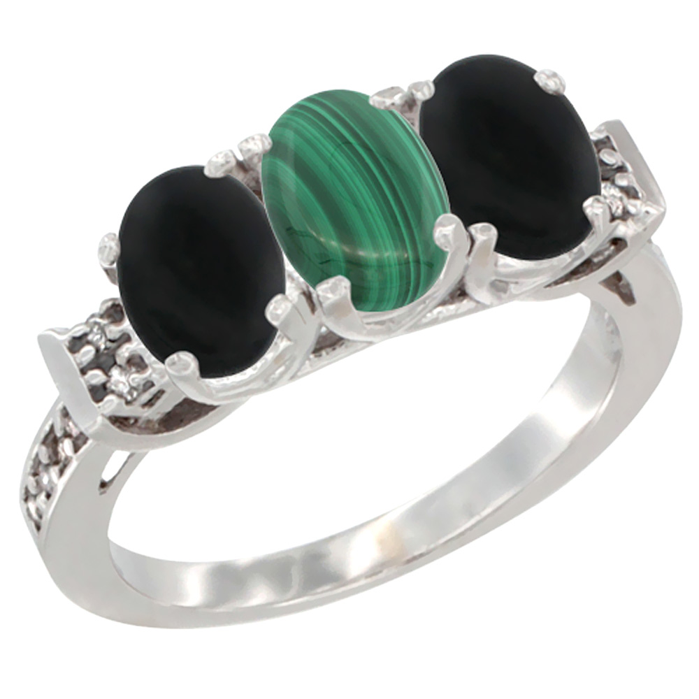 14K White Gold Natural Malachite & Black Onyx Sides Ring 3-Stone Oval 7x5 mm Diamond Accent, sizes 5 - 10