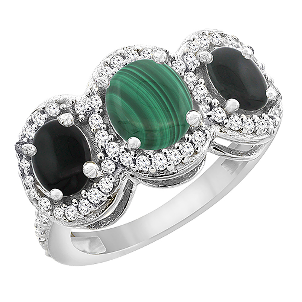 14K White Gold Natural Malachite &amp; Black Onyx 3-Stone Ring Oval Diamond Accent, sizes 5 - 10