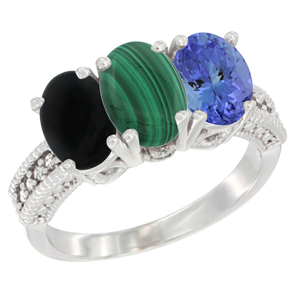 14K White Gold Natural Black Onyx, Malachite &amp; Tanzanite Ring 3-Stone 7x5 mm Oval Diamond Accent, sizes 5 - 10