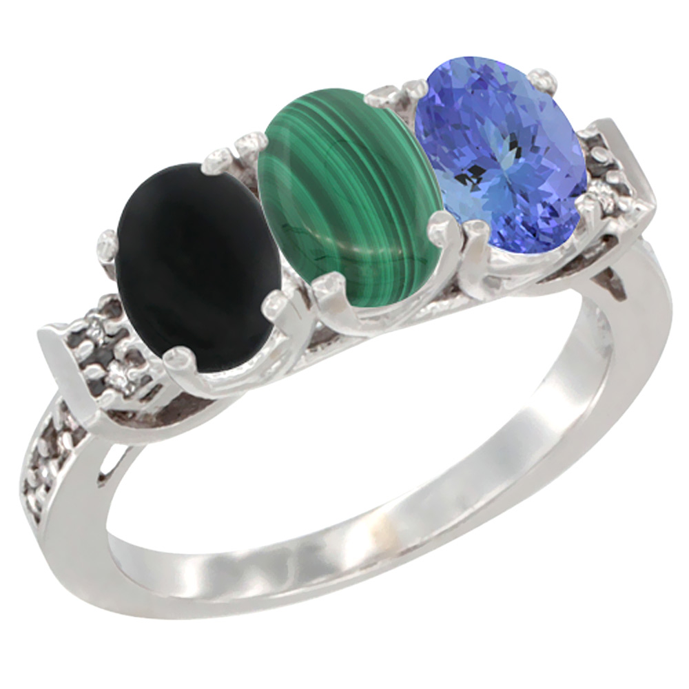 10K White Gold Natural Black Onyx, Malachite & Tanzanite Ring 3-Stone Oval 7x5 mm Diamond Accent, sizes 5 - 10