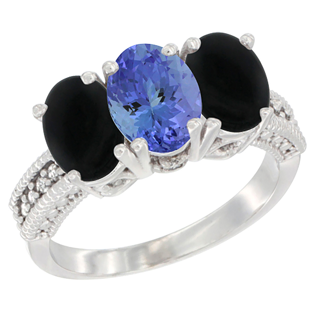 10K White Gold Diamond Natural Tanzanite & Black Onyx Ring 3-Stone 7x5 mm Oval, sizes 5 - 10