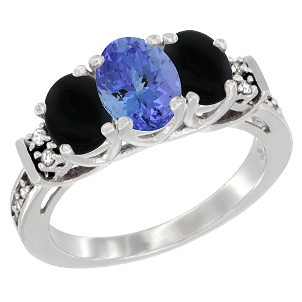 14K White Gold Natural Tanzanite & Black Onyx Ring 3-Stone Oval Diamond Accent, sizes 5-10