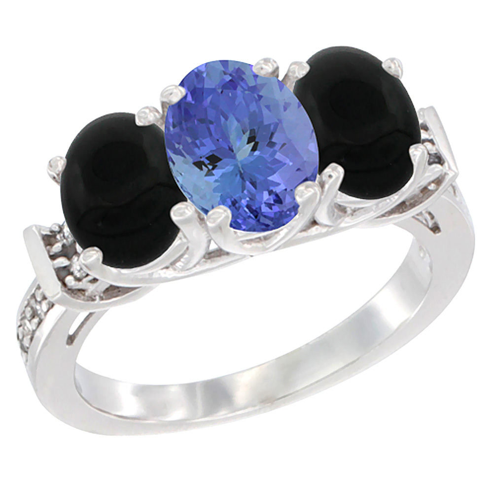 14K White Gold Natural Tanzanite & Black Onyx Sides Ring 3-Stone Oval Diamond Accent, sizes 5 - 10