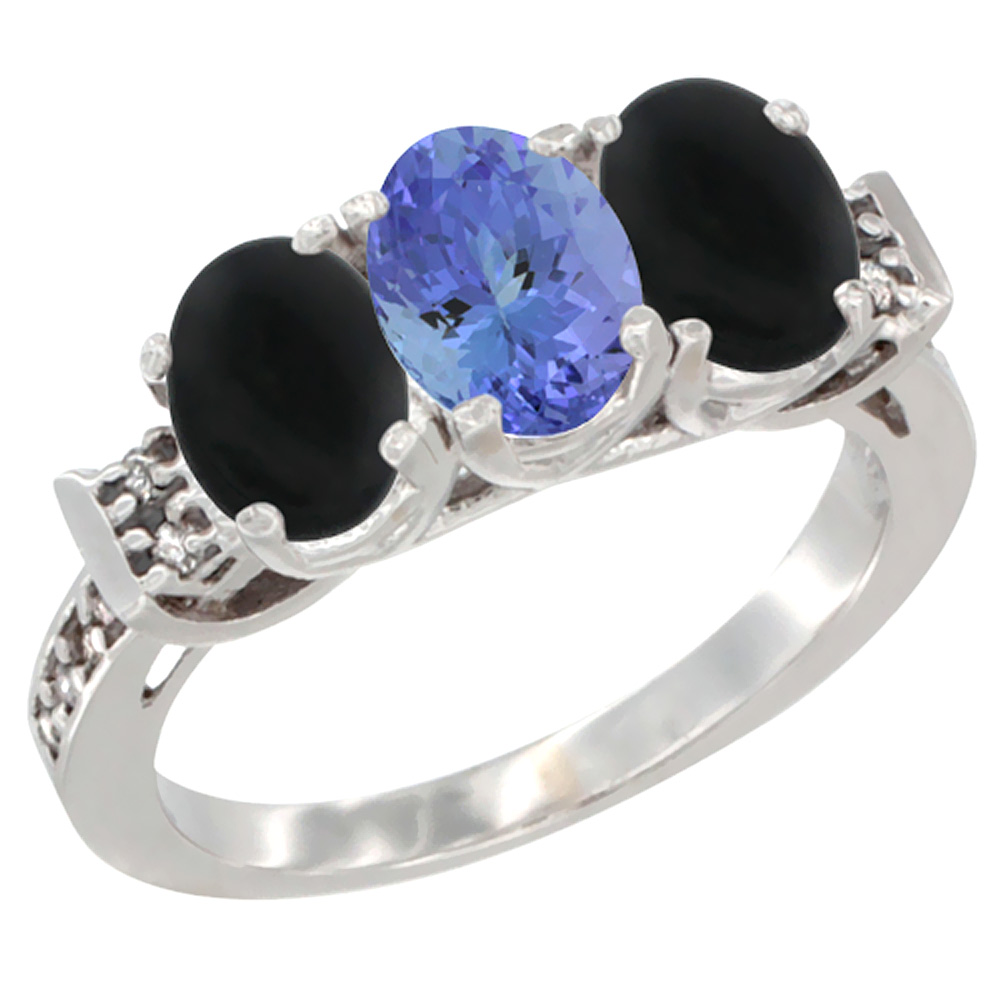 14K White Gold Natural Tanzanite & Black Onyx Sides Ring 3-Stone Oval 7x5 mm Diamond Accent, sizes 5 - 10