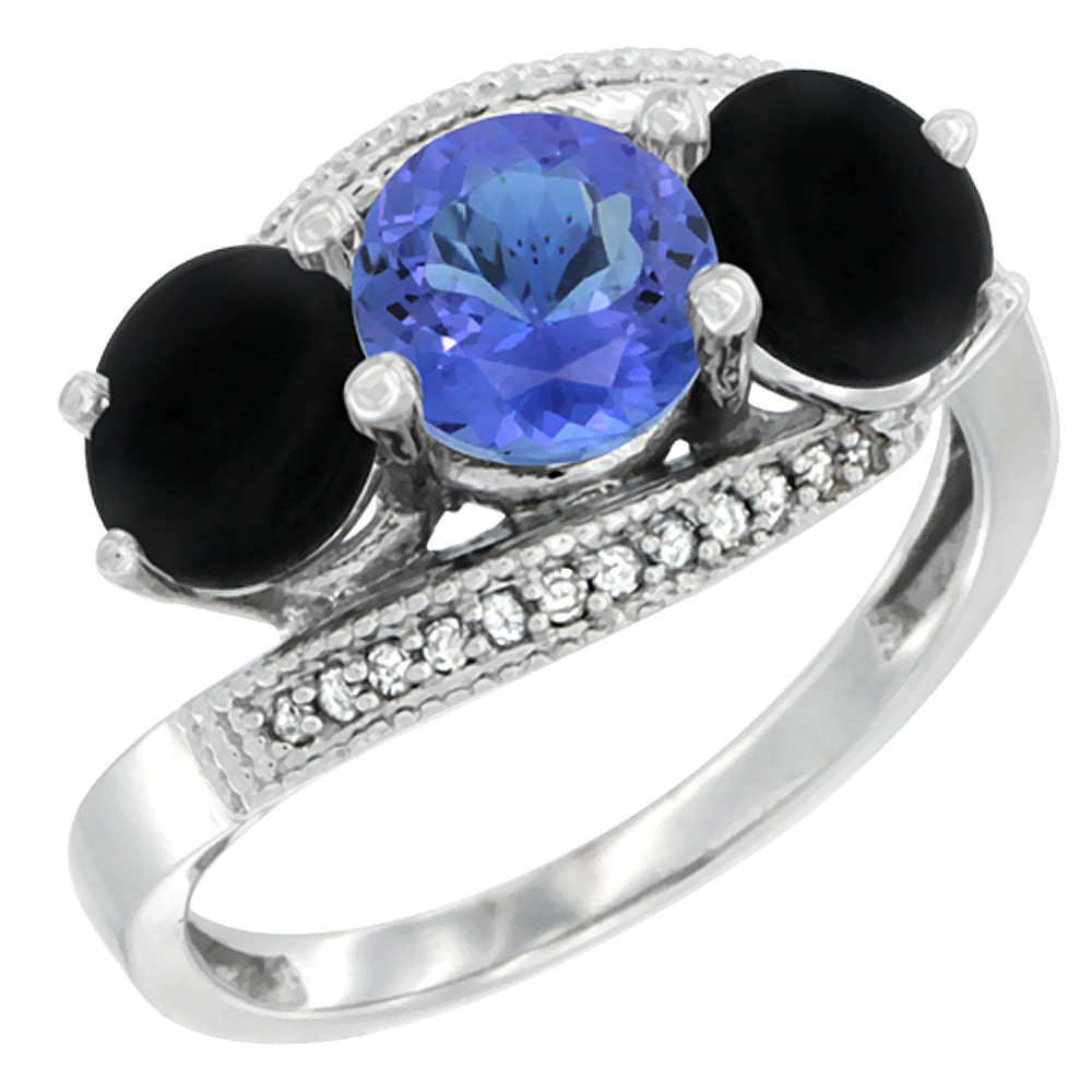 10K White Gold Natural Tanzanite & Black Onyx Sides 3 stone Ring Round 6mm Diamond Accent, sizes 5 - 10