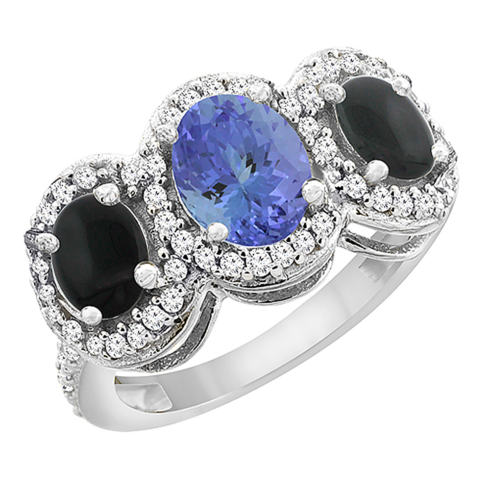 14K White Gold Natural Tanzanite &amp; Black Onyx 3-Stone Ring Oval Diamond Accent, sizes 5 - 10