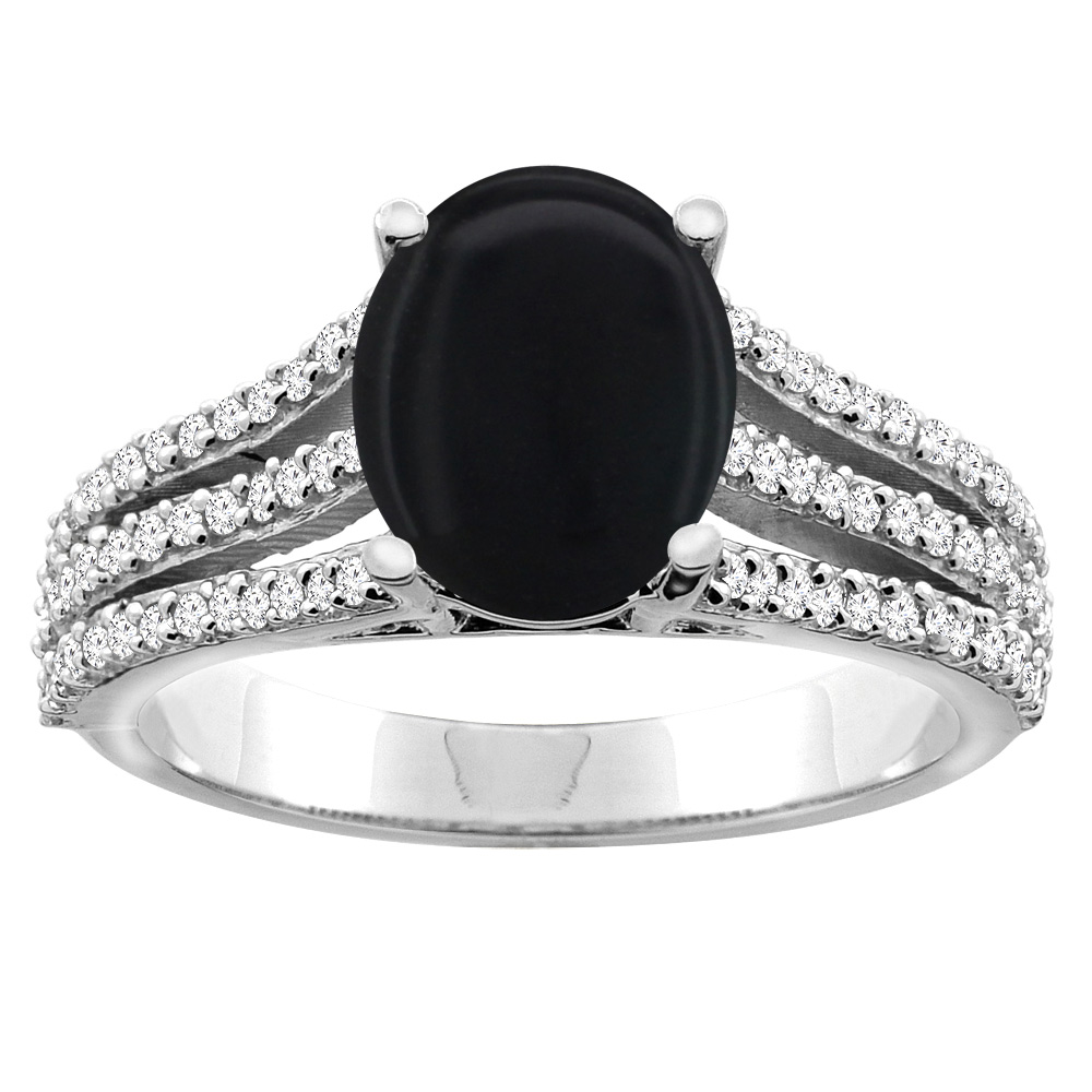 14K White/Yellow Gold Natural Black Onyx Tri-split Ring Oval 9x7mm Diamond Accents, sizes 5 - 10