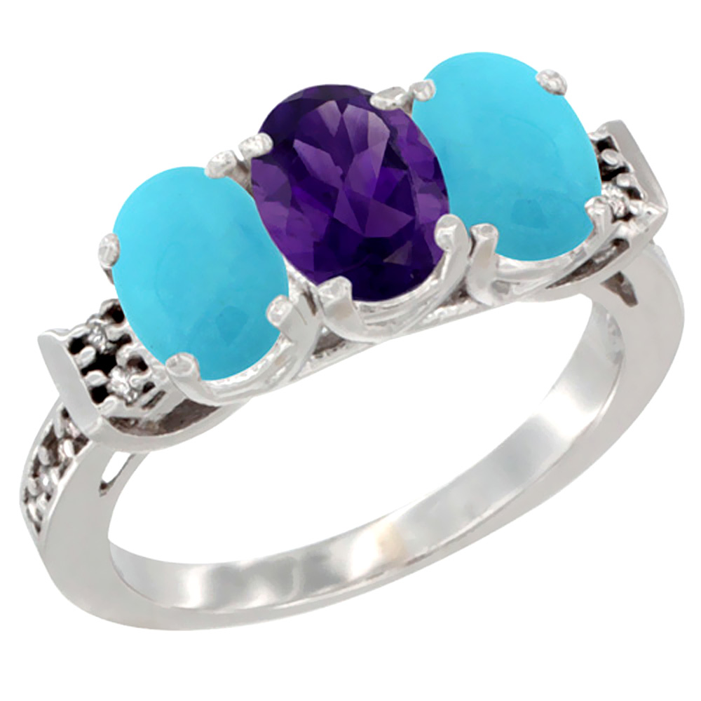 10K White Gold Natural Amethyst &amp; Turquoise Sides Ring 3-Stone Oval 7x5 mm Diamond Accent, sizes 5 - 10