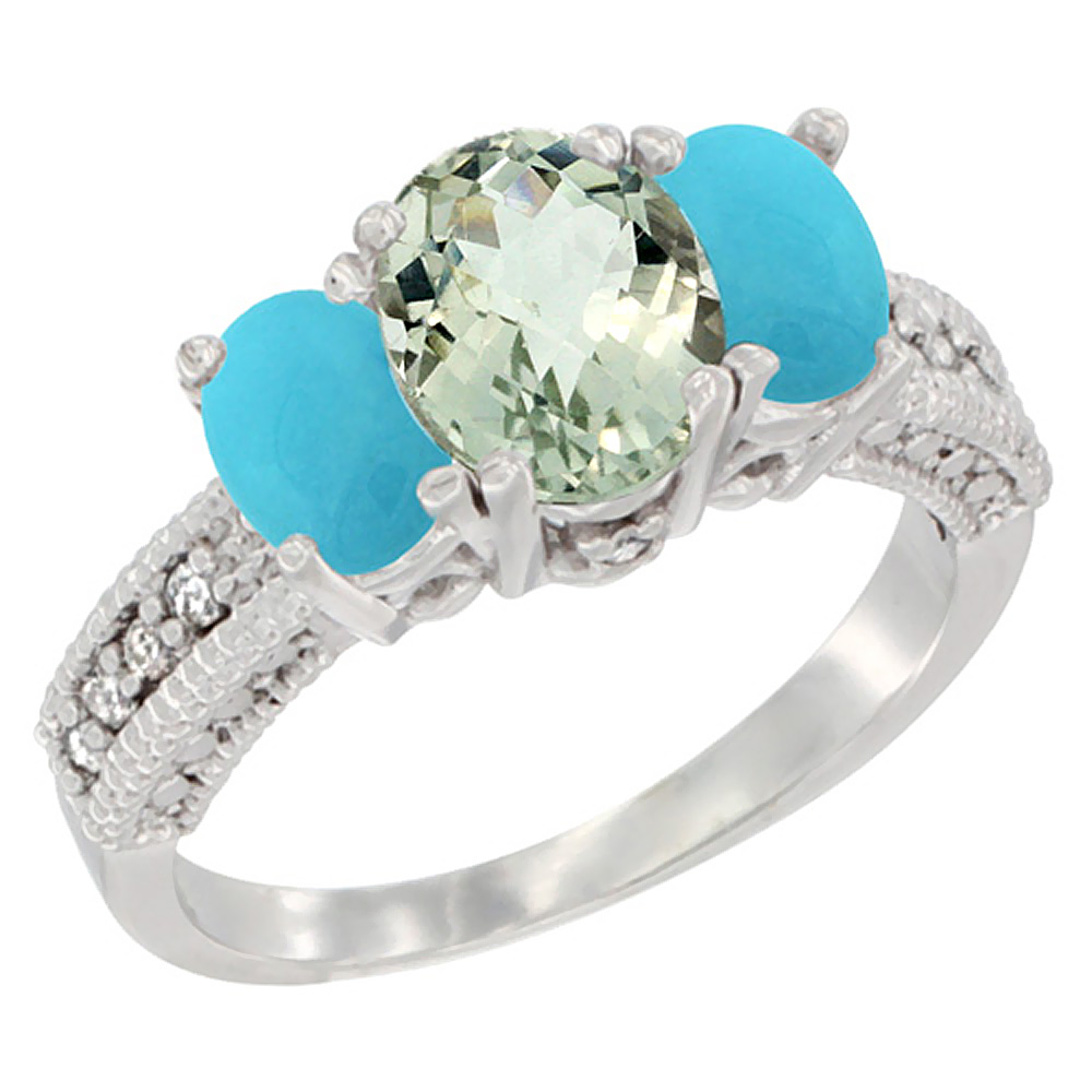 10K White Gold Diamond Natural Green Amethyst Ring Oval 3-stone with Turquoise, sizes 5 - 10