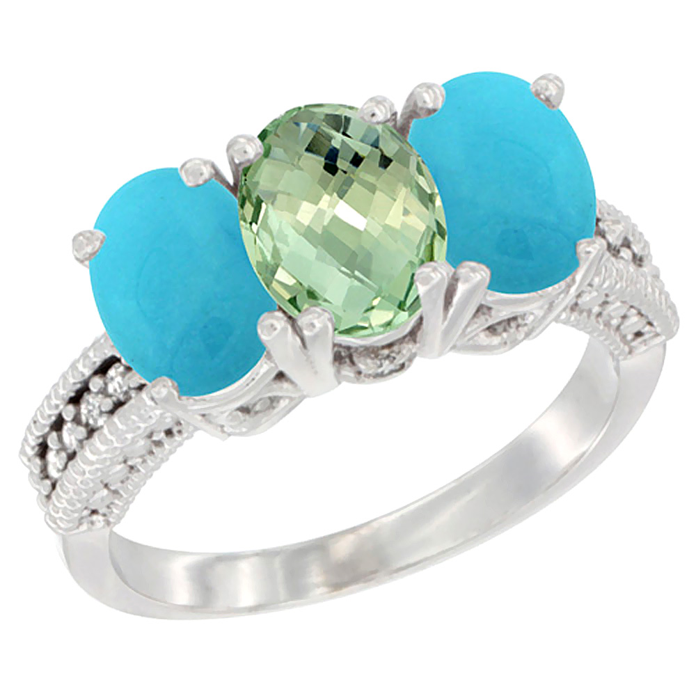 14K White Gold Natural Green Amethyst &amp; Turquoise Sides Ring 3-Stone 7x5 mm Oval Diamond Accent, sizes 5 - 10