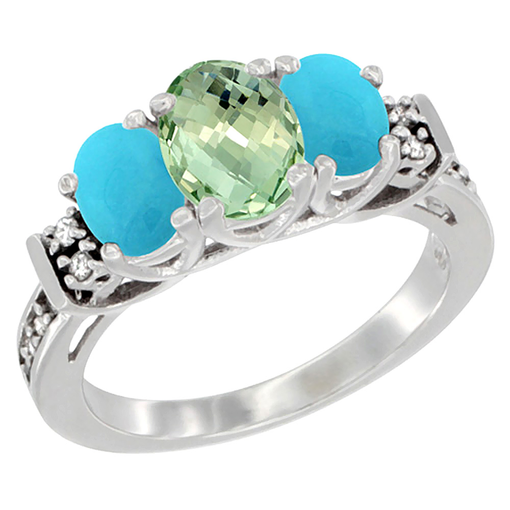 10K White Gold Natural Green Amethyst & Turquoise Ring 3-Stone Oval Diamond Accent, sizes 5-10