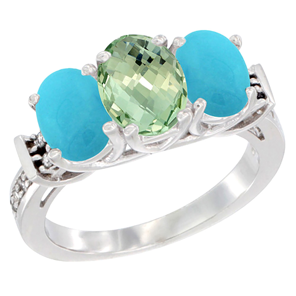 14K White Gold Natural Green Amethyst & Turquoise Sides Ring 3-Stone Oval Diamond Accent, sizes 5 - 10