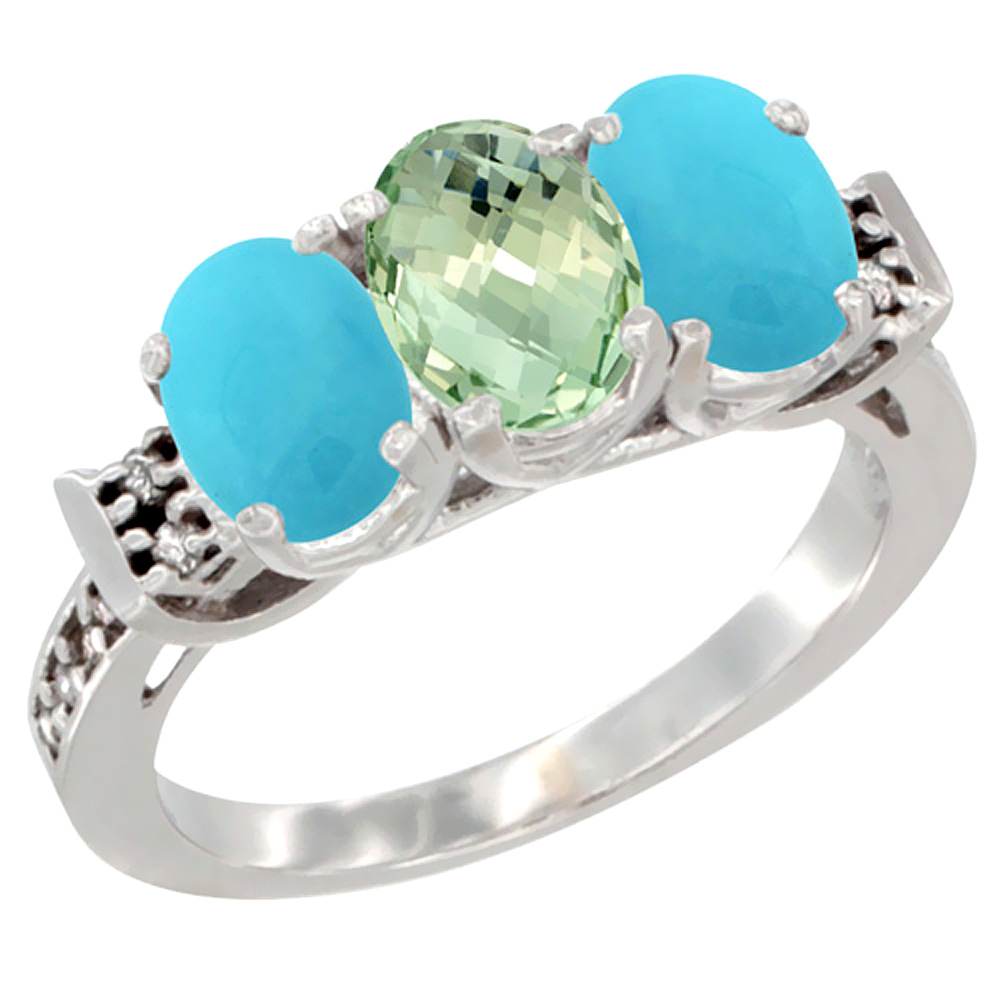 14K White Gold Natural Green Amethyst &amp; Turquoise Sides Ring 3-Stone Oval 7x5 mm Diamond Accent, sizes 5 - 10