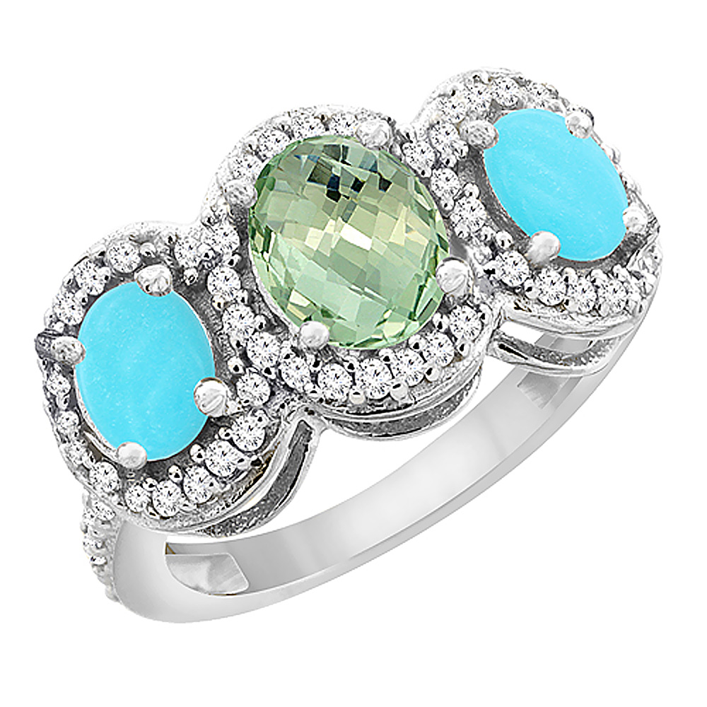 10K White Gold Natural Green Amethyst &amp; Turquoise 3-Stone Ring Oval Diamond Accent, sizes 5 - 10
