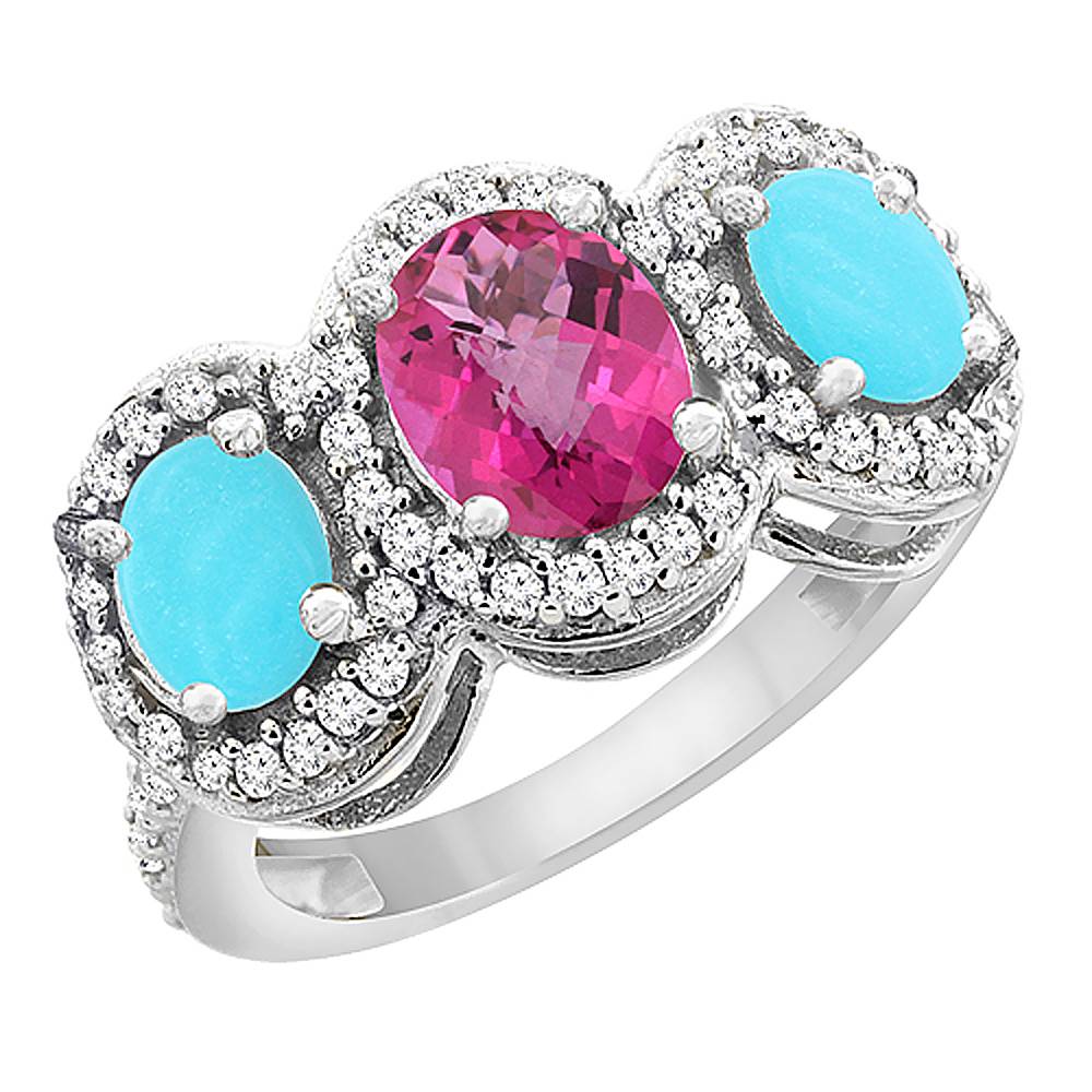 14K White Gold Natural Pink Topaz & Turquoise 3-Stone Ring Oval Diamond Accent, sizes 5 - 10