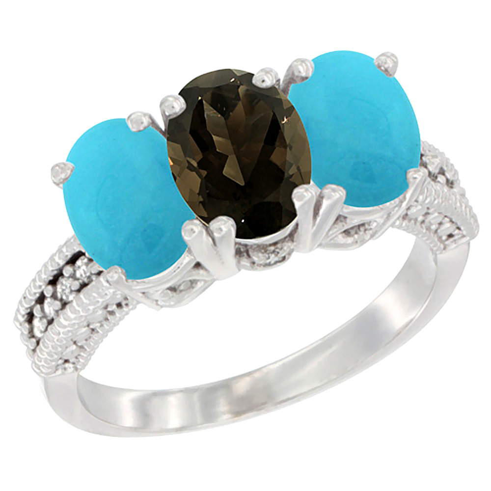 14K White Gold Natural Smoky Topaz & Turquoise Sides Ring 3-Stone 7x5 mm Oval Diamond Accent, sizes 5 - 10