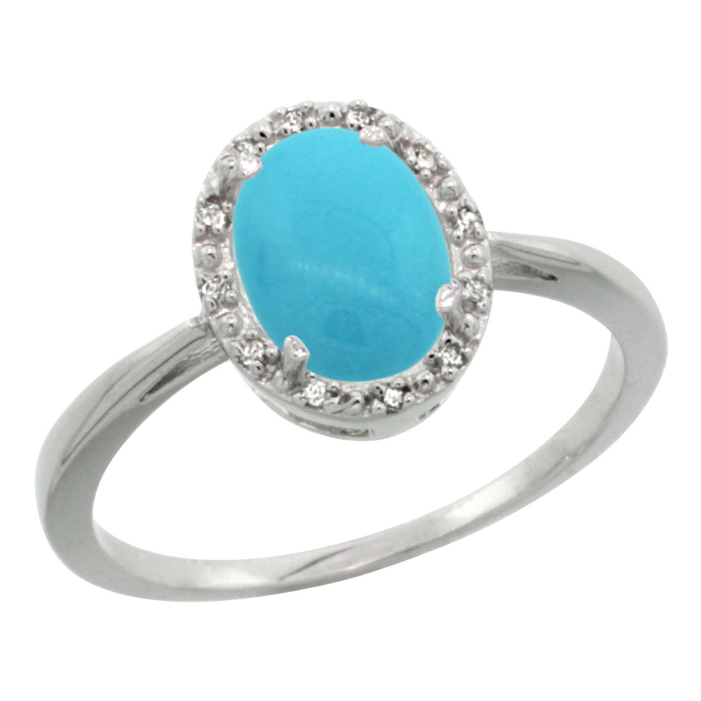 14K White Gold Natural Sleeping Beauty Turquoise Diamond Halo Ring Oval 8X6mm, sizes 5-10