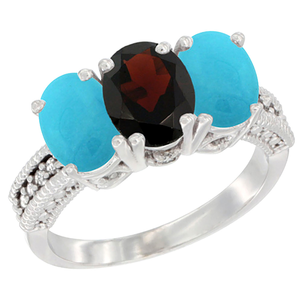 10K White Gold Diamond Natural Garnet & Turquoise Ring 3-Stone 7x5 mm Oval, sizes 5 - 10