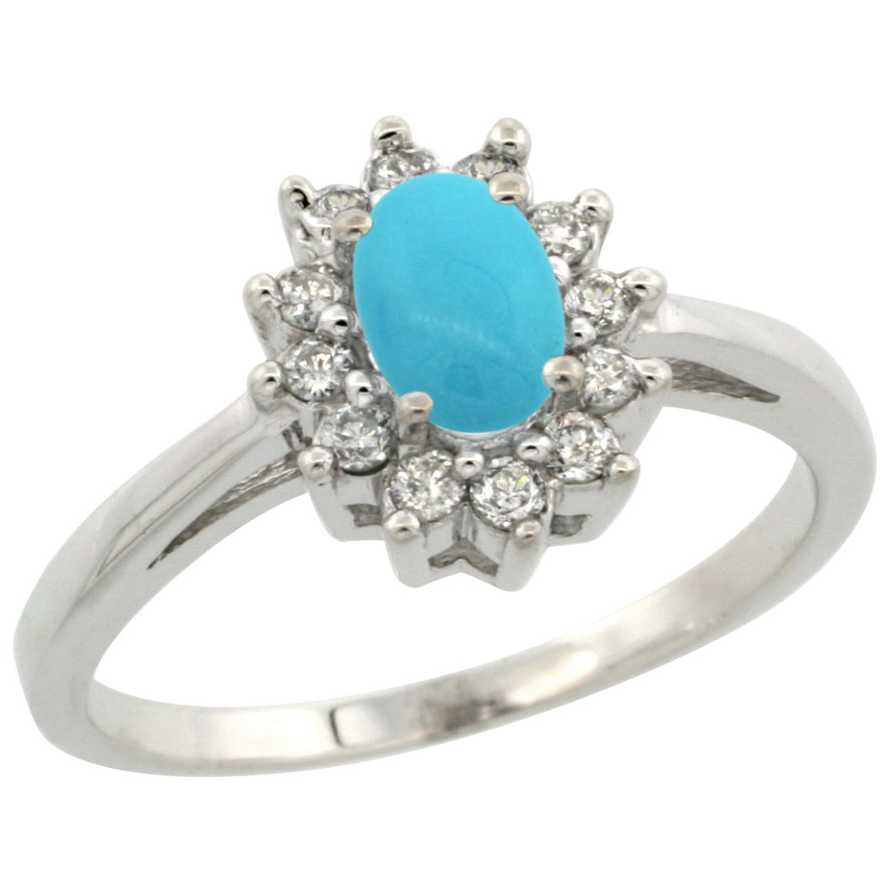 14K White Gold Natural Sleeping Beauty Turquoise Flower Diamond Halo Ring Oval 6x4 mm, sizes 5-10