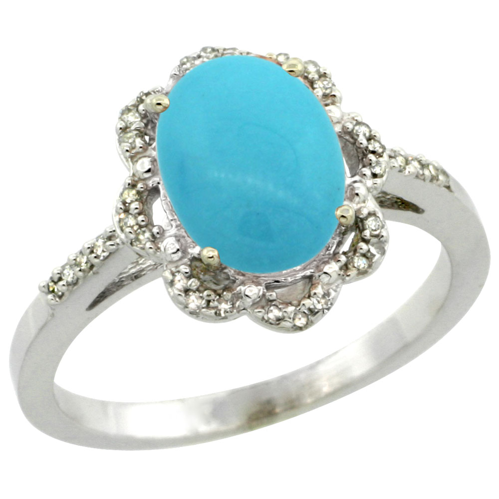 14K White Gold Natural Diamond Halo Turquoise Engagement Ring Oval 9x7mm, sizes 5-10