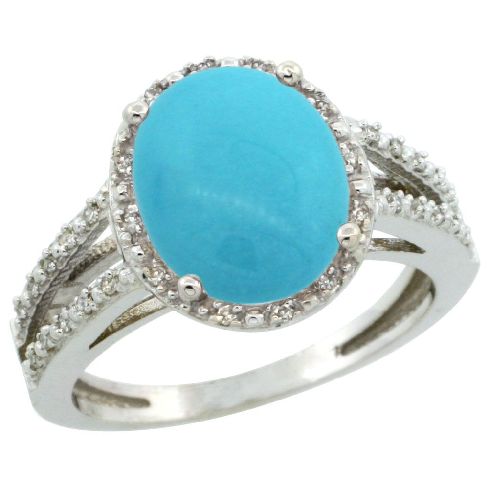 14K White Gold Natural Sleeping Beauty Turquoise Diamond Halo Ring Oval 11x9mm, sizes 5-10