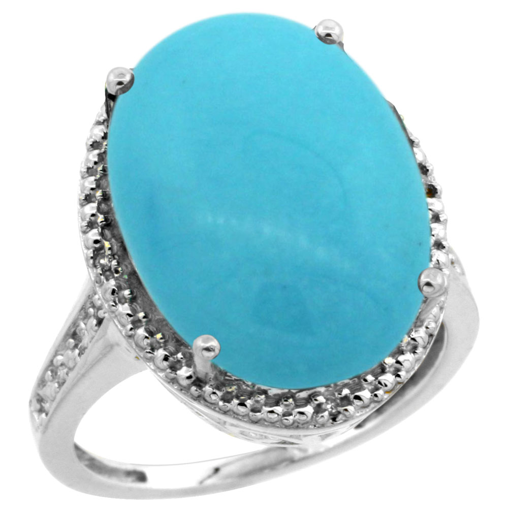 10K White Gold Natural Diamond Sleeping Beauty Turquoise Ring Oval 18x13mm, sizes 5-10