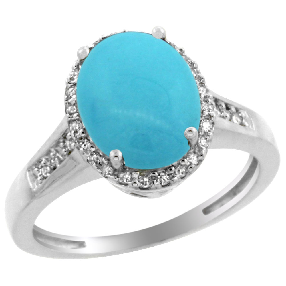 10K White Gold Natural Diamond Sleeping Beauty Turquoise Engagement Ring Oval 10x8mm, sizes 5-10