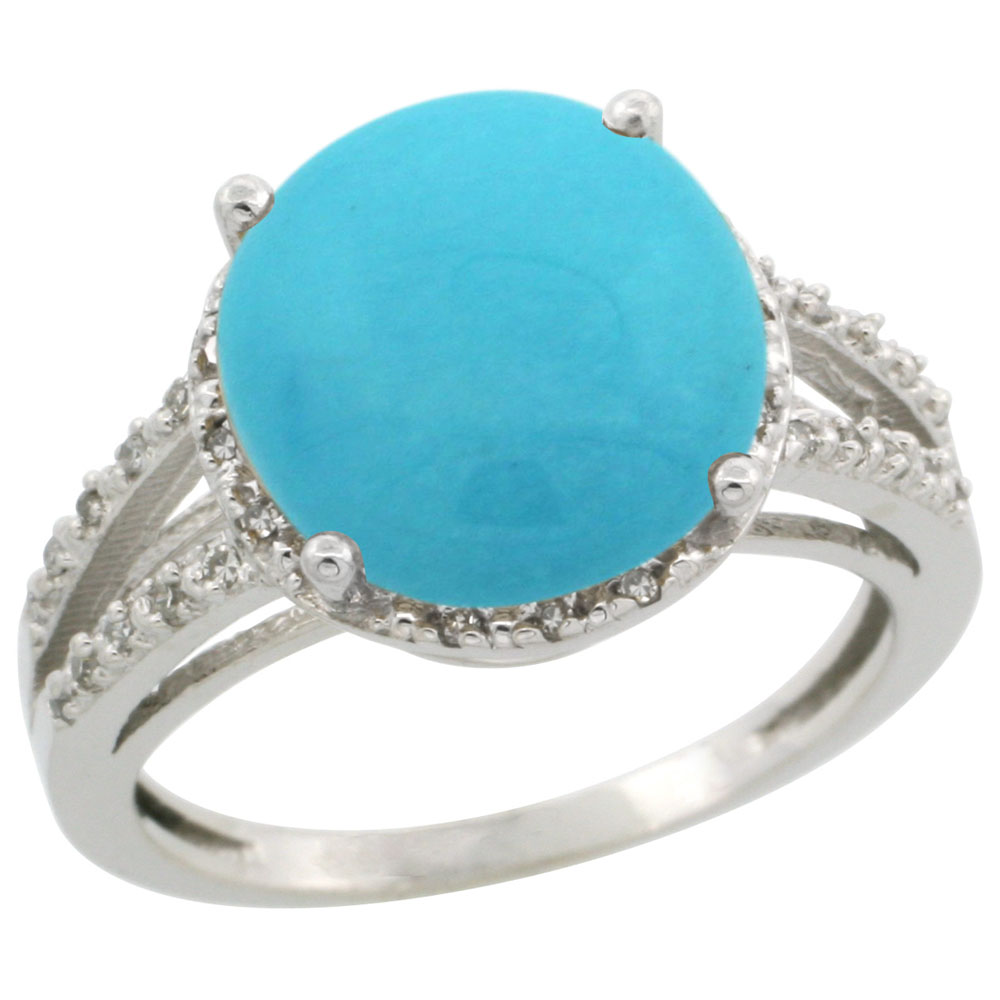 10K White Gold Diamond Natural Turquoise Ring Round 11mm, sizes 5-10