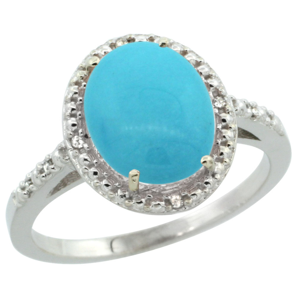 10K White Gold Natural Diamond Sleeping Beauty Turquoise Engagement Ring Oval 10x8mm, sizes 5-10