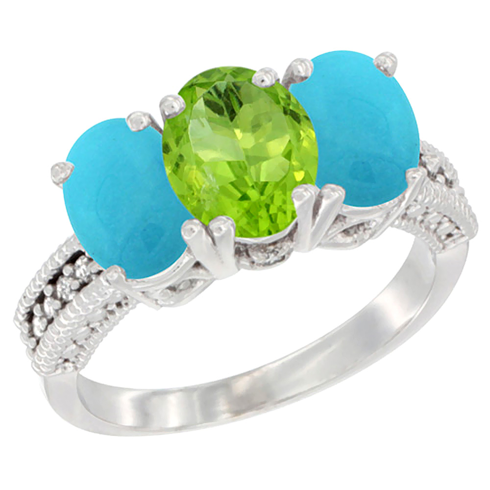 14K White Gold Natural Peridot & Turquoise Sides Ring 3-Stone 7x5 mm Oval Diamond Accent, sizes 5 - 10
