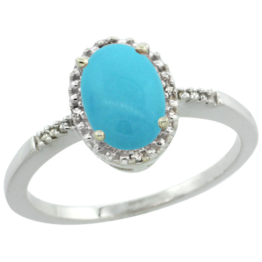 10K White Gold Natural Diamond Sleeping Beauty Turquoise Ring Oval 8x6mm, sizes 5-10