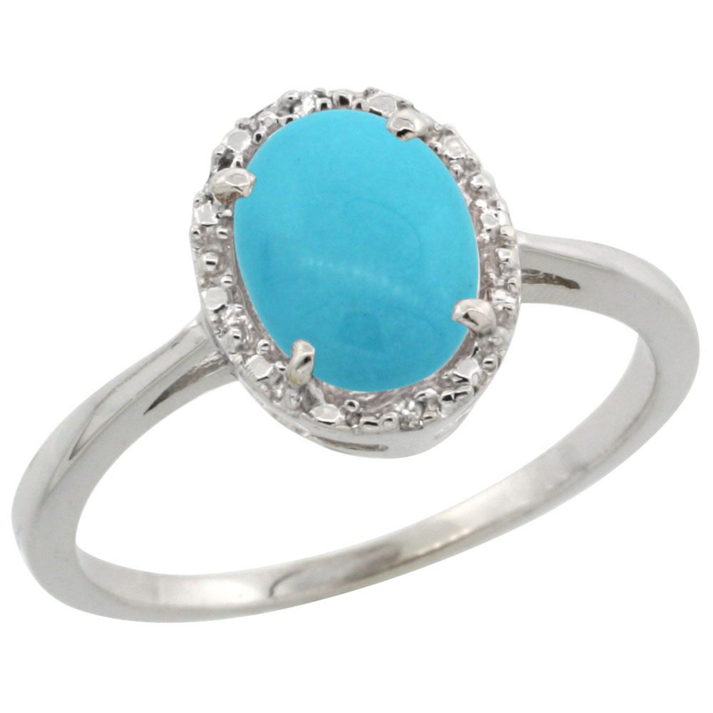 14K White Gold Natural Turquoise Ring Oval 8x6 mm Diamond Halo, sizes 5-10