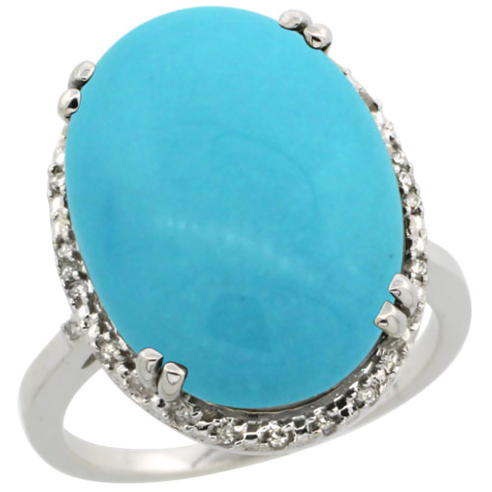10k White Gold Natural Turquoise Ring Large Oval 18x13mm Diamond Halo, sizes 5-10