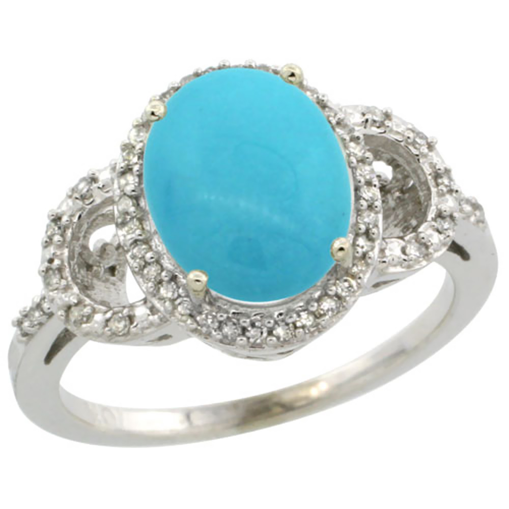 14K White Gold Natural Diamond Sleeping Beauty Turquoise Engagement Ring Oval 10x8mm, sizes 5-10