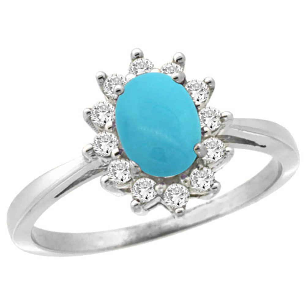 14K White Gold Natural Turquoise Engagement Ring Oval 7x5mm Diamond Halo, sizes 5-10