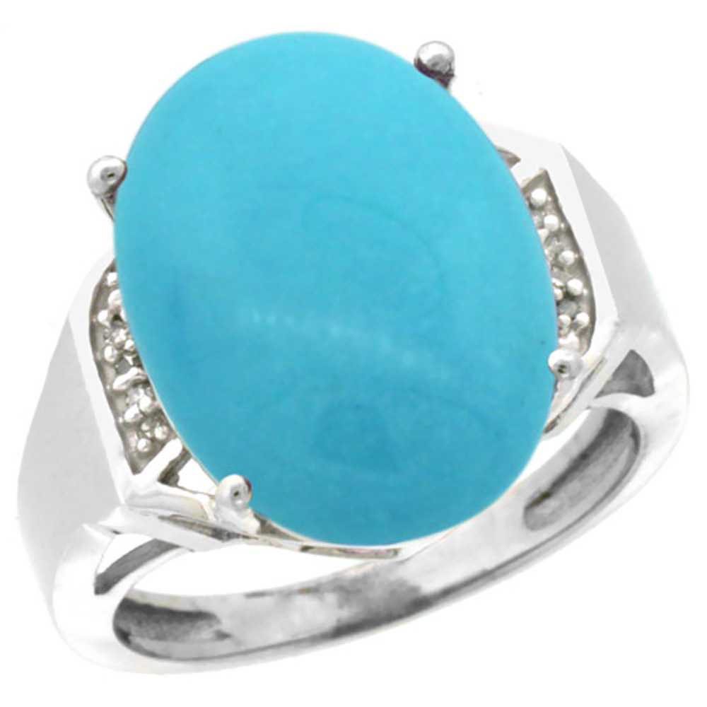 10K White Gold Natural Diamond Sleeping Beauty Turquoise Ring Oval 16x12mm, sizes 5-10