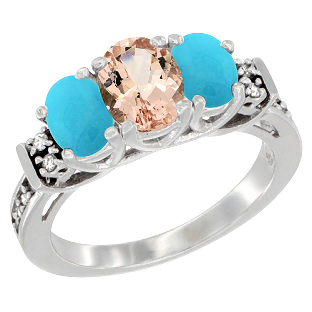 14K White Gold Natural Morganite &amp; Turquoise Ring 3-Stone Oval Diamond Accent, sizes 5-10